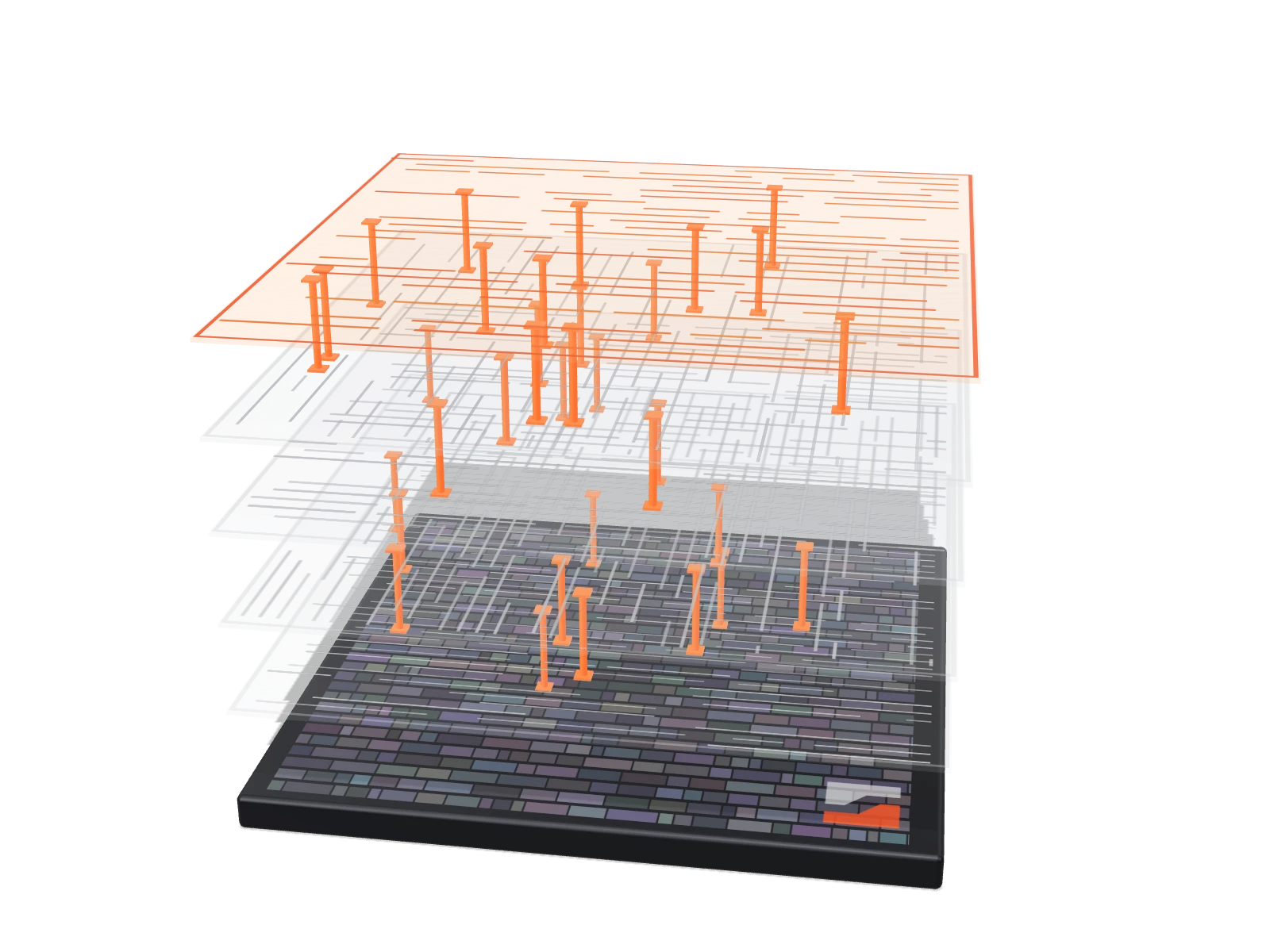 Exploded view of routed metal layers and vias